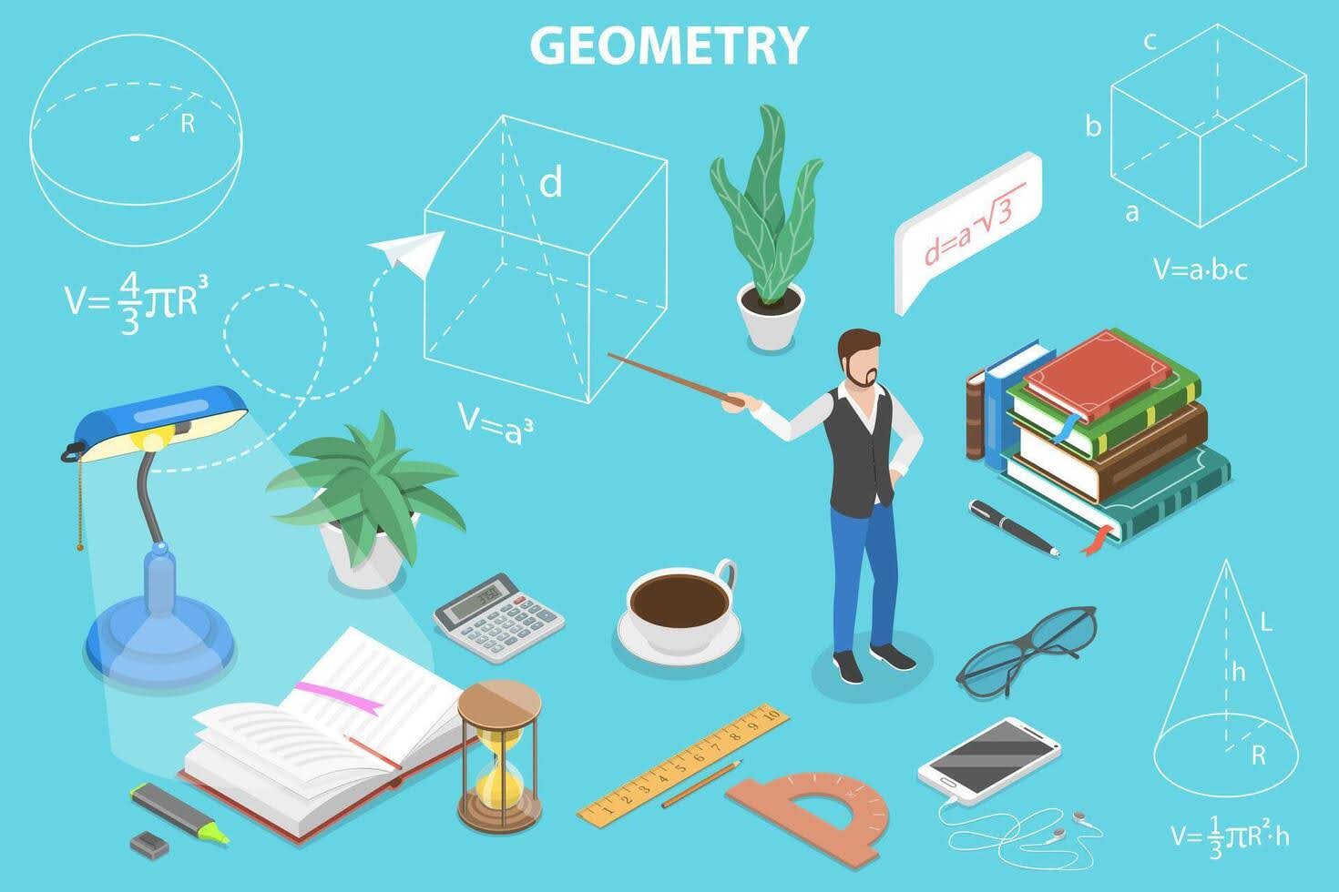 Geometry classroom with teacher explaining 3D shapes and formulas amid lab objects, showcasing interactive concept visualization in the NIIT Math Lab.
